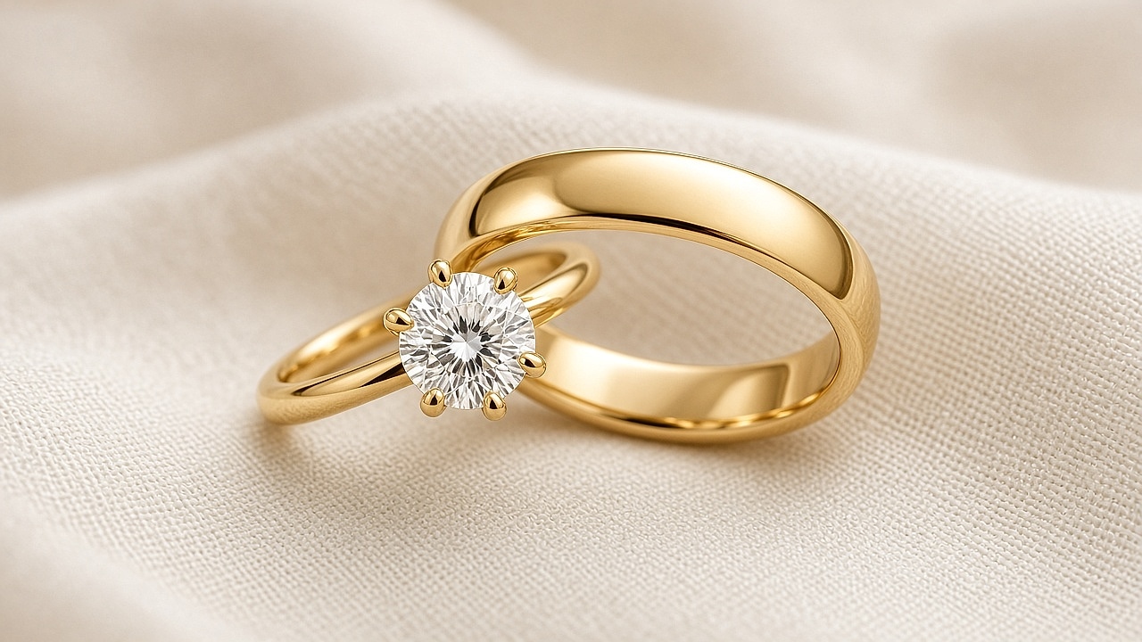 Interlocking gold diamond ring and men's gold band